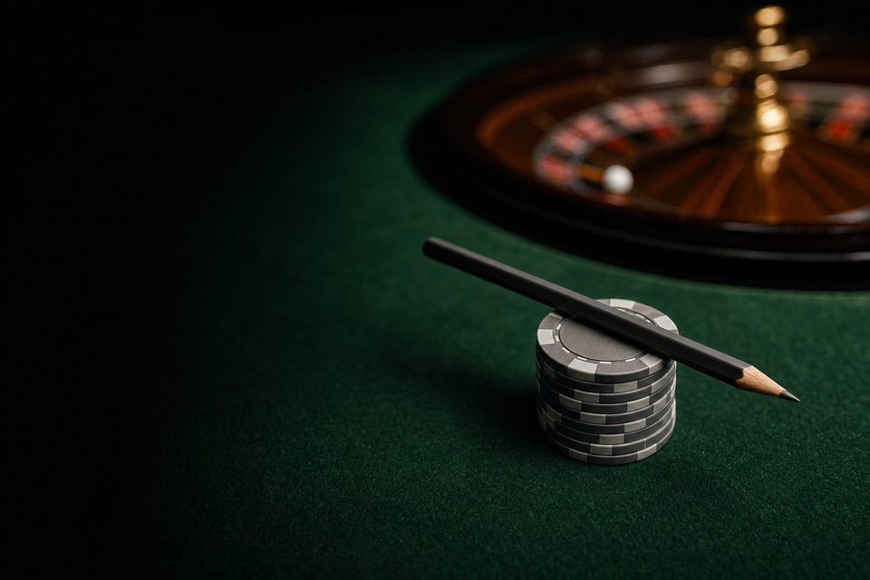 A pencil lying across a short stack of gray and white roulette chips on green baize (AI-generated image)