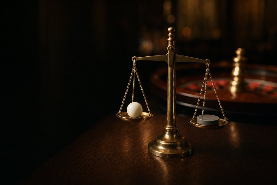 A calculator and pencil beside a column of roulette chips on a wooden rail (AI-generated image)