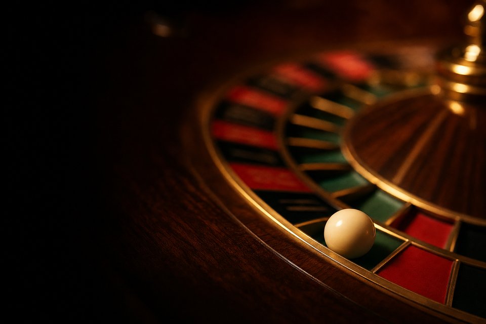 A white ball resting in a green pocket of a roulette wheel, seen in close macro. (AI-generated image)