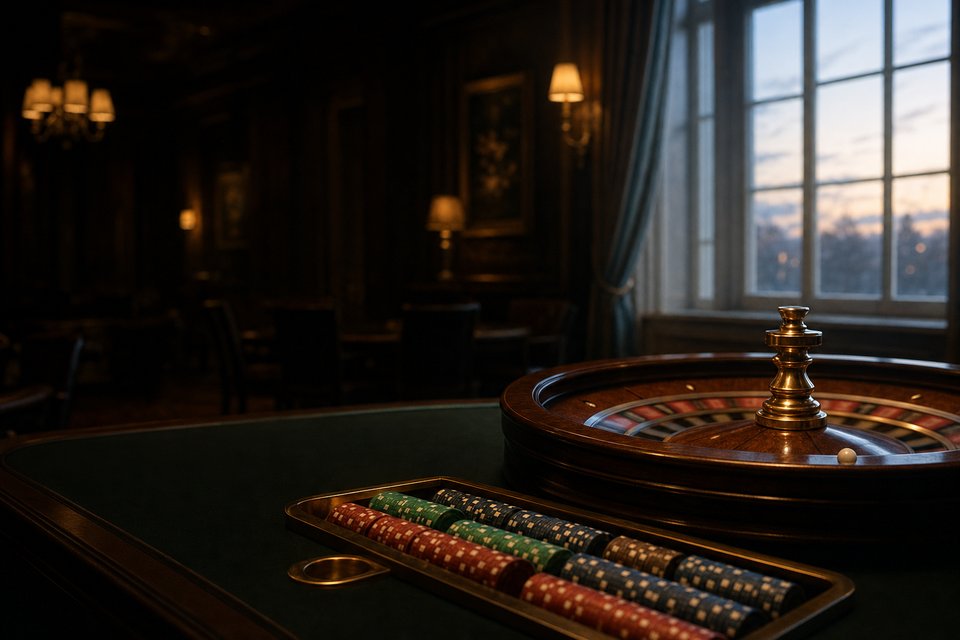 An empty roulette table at dawn with chips racked at the edge and the wheel at rest. (AI-generated image)