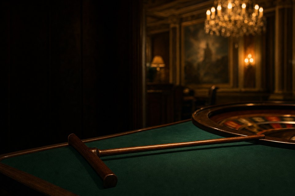 A croupier's wooden rake resting on long green felt beside a single-zero roulette wheel. (AI-generated image)