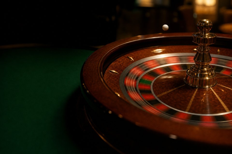 A white ball in mid-flight over a spinning roulette rotor, the number ring blurred by motion under warm casino light. (AI-generated image)