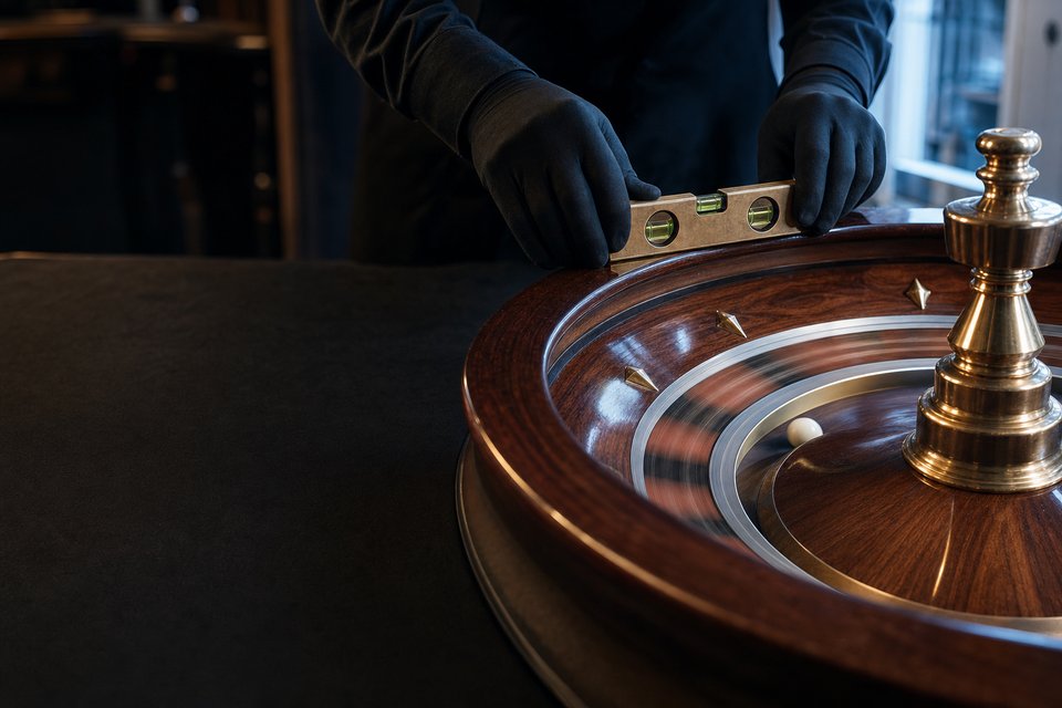 A technician's hands setting a spirit level across the rim of a roulette wheel on an empty table. (AI-generated image)