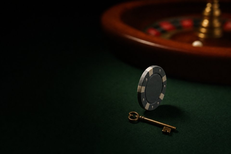 A gray roulette chip standing on its edge beside a small brass key on green baize (AI-generated image)