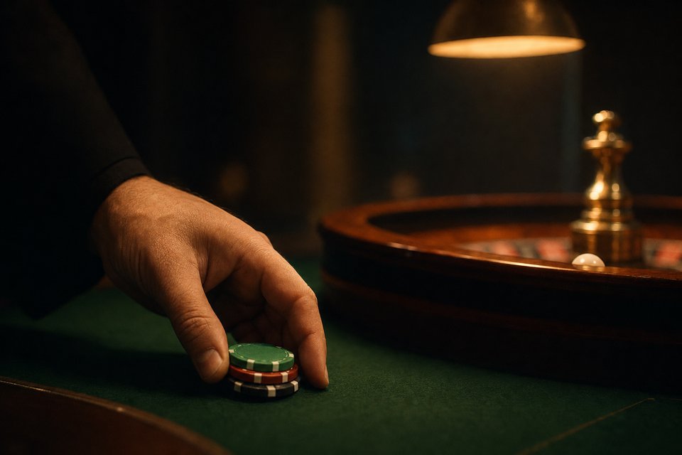 A hand sliding a short stack of colored chips onto green felt beside a roulette wheel. (AI-generated image)