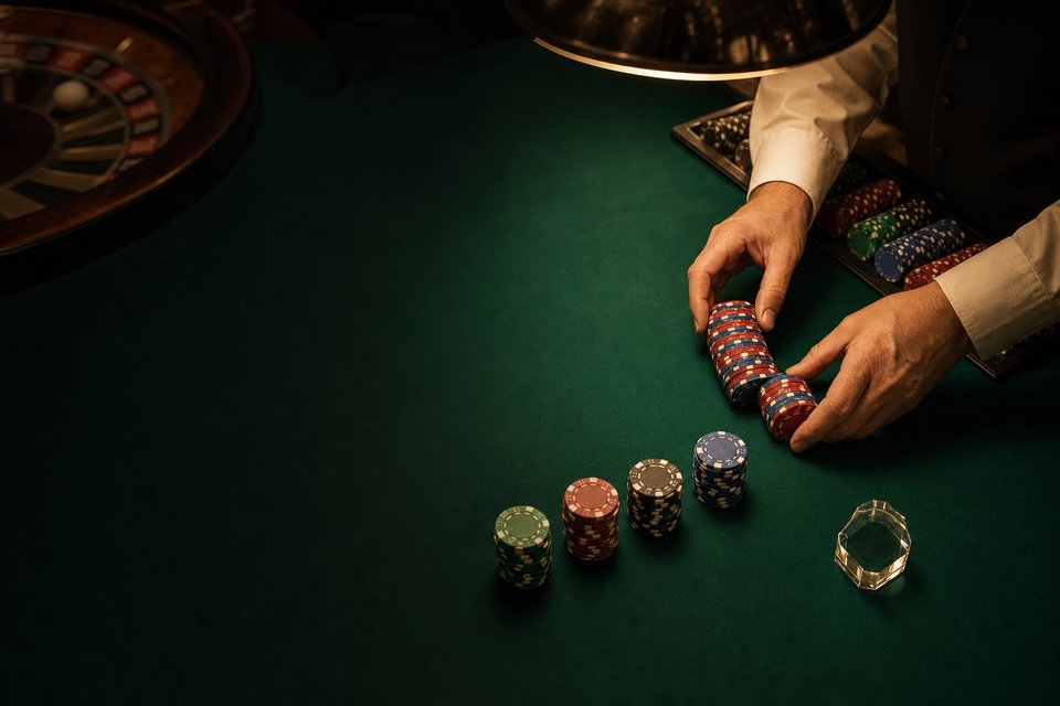 A dealer's hand counting out stacks of chips beside the dolly on a roulette table. (AI-generated image)
