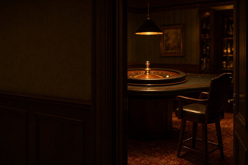 An empty roulette table under a single pendant lamp in a dim private gaming room (AI-generated image)