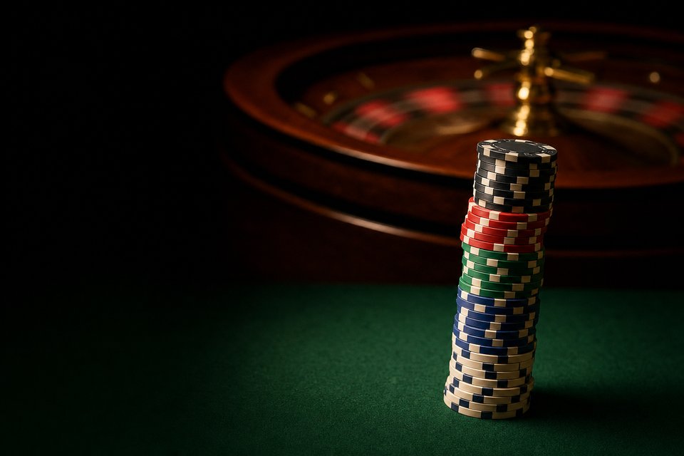 A tall stack of casino chips beside a roulette table, the wheel spinning out of focus behind it. (AI-generated image)