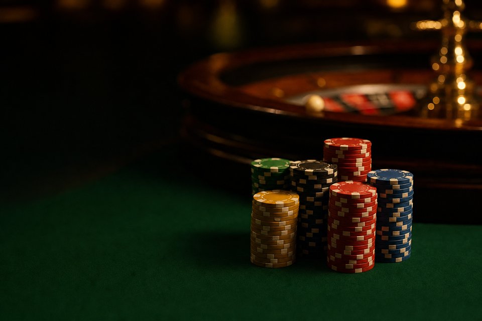 Stacks of colored roulette chips resting on an empty green felt table under low evening light. (AI-generated image)