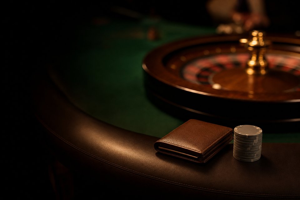 A small wallet and a modest stack of chips on the padded rail of a roulette table (AI-generated image)