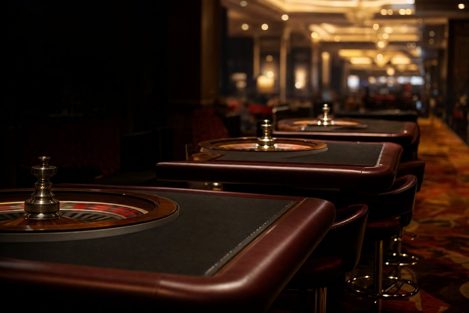 Three roulette tables in a row receding into a large casino hall (AI-generated image)